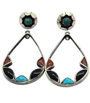 Vintage Zuni Style Sterling Silver Inlay Convertible Teardrop Dangle Earrings